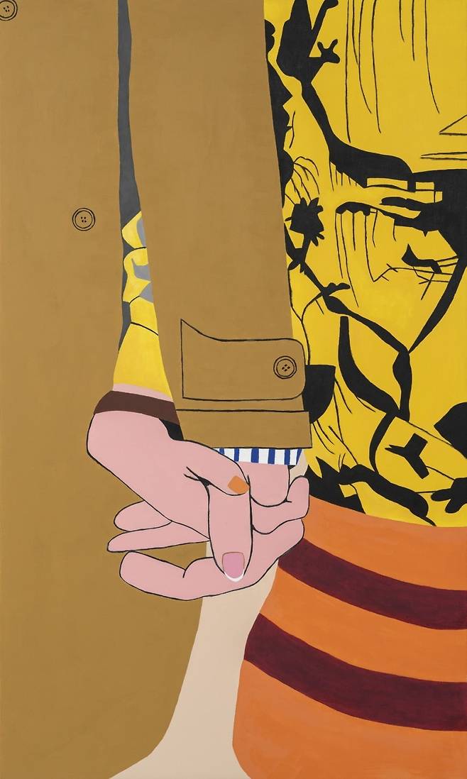 은사님과 손을 꽉 잡은 본인의 모습을 그린 작품. Claude Jeong, Hands (2022), Acrylic on Canvas, 152.4*91.4 cm. /© 클로드 정(Claude Jeong) / 사진=아르콘 제공