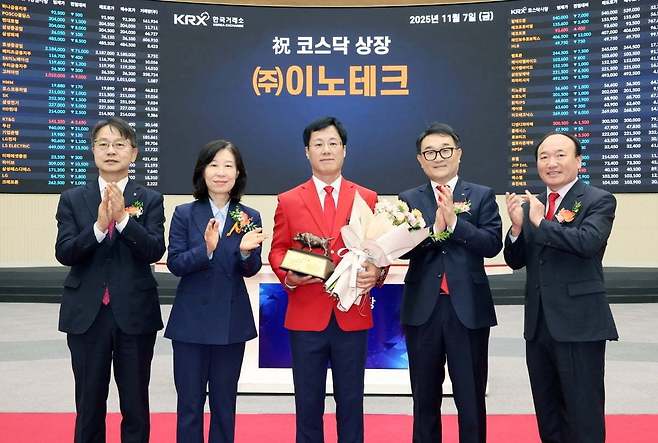7일 서울 영등포구 한국거래소에서 열린 이노테크 코스닥시장 상장기념식에서 관계자들이 상장기념패 전달 후 기념 촬영하고 있다. (한국거래소 제공)
