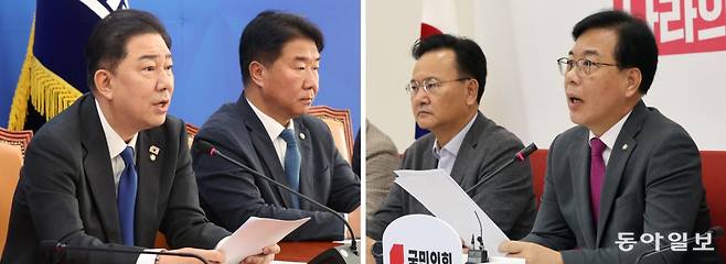 더불어민주당 김병기 원내대표(왼쪽 사진 왼쪽)가 9일 서울 여의도 국회에서 기자간담회를 열고 검찰의 대장동 사건 항소 포기에 대해 “국민 앞에 최소한의 양심을 지킨 결정”이라고 밝히고 있다. 국민의힘 송언석 원내대표(오른쪽 사진 오른쪽)도 같은 날 기자회견을 열어 “항소 포기 외압을 누가 행사했는지 진상을 규명해야 한다”면서 긴급 현안질의와 국정조사를 민주당에 제안했다. 장승윤 기자 tomato99@donga.com