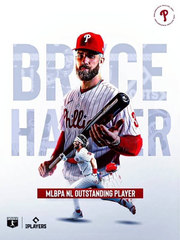 브라이스 하퍼가 지난 2021시즌 후 선수들이 뽑은 올시즌 최고의 선수에 선정됐다. /사진=필라델피아 필리스 공식 채널