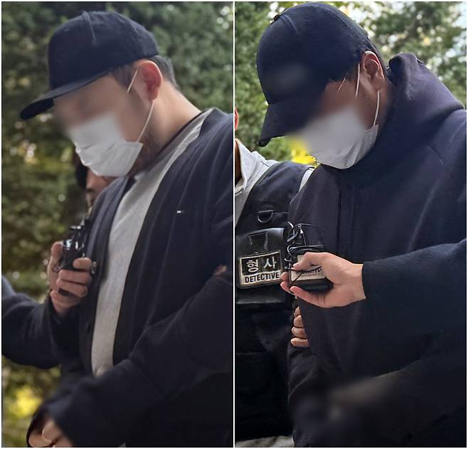 살인미수와 공동감금 등 혐의를 받는 일당들이 29일 오후 구속 전 피의자 심문(영장실질심사)을 받기 위해 인천지법에 출석하고 있다. 이들은 지난 10월 26일 오후 10시 35분께 인천 송도국제도시 한 아파트 주차장에서 유튜버인 30대 남성을 차에 태워 납치한 뒤 폭행한 혐의를 받는다. /뉴스1