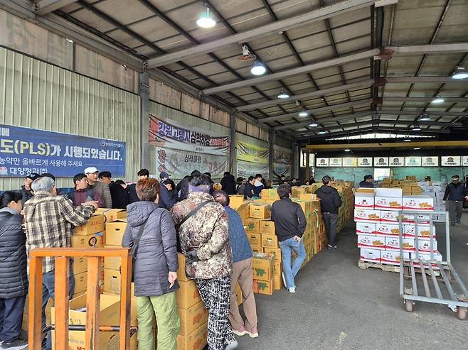 12일 오후 3시쯤 대구 북구 매천시장은 지역 유통업체 부도설로 뒤숭숭한 분위기였다. 경매가 진행되는 와중에도 일부 상인은 걱정스러운 표정으로 부도설에 대한 대화를 나누기도 했다. 이승엽 기자