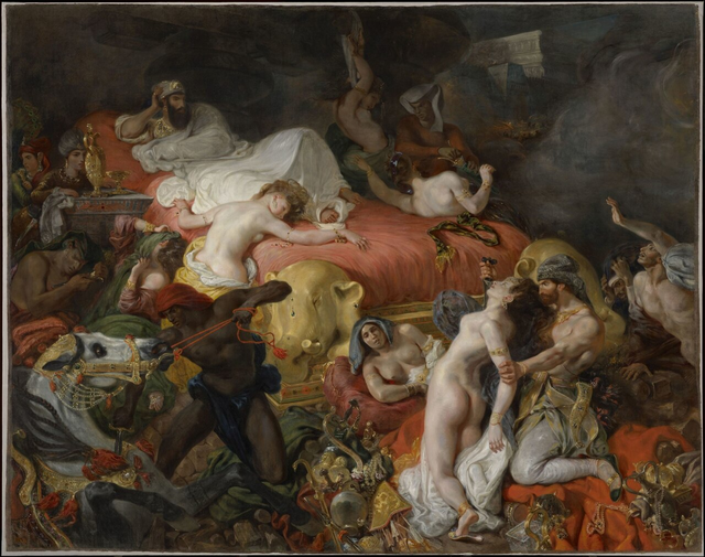 들라크루아, ‘사르다나팔루스의 죽음’ (La Mort de Sardanapale). 1827년. 캔버스에 유채. 392 × 496cm. 루브르 박물관 소장.