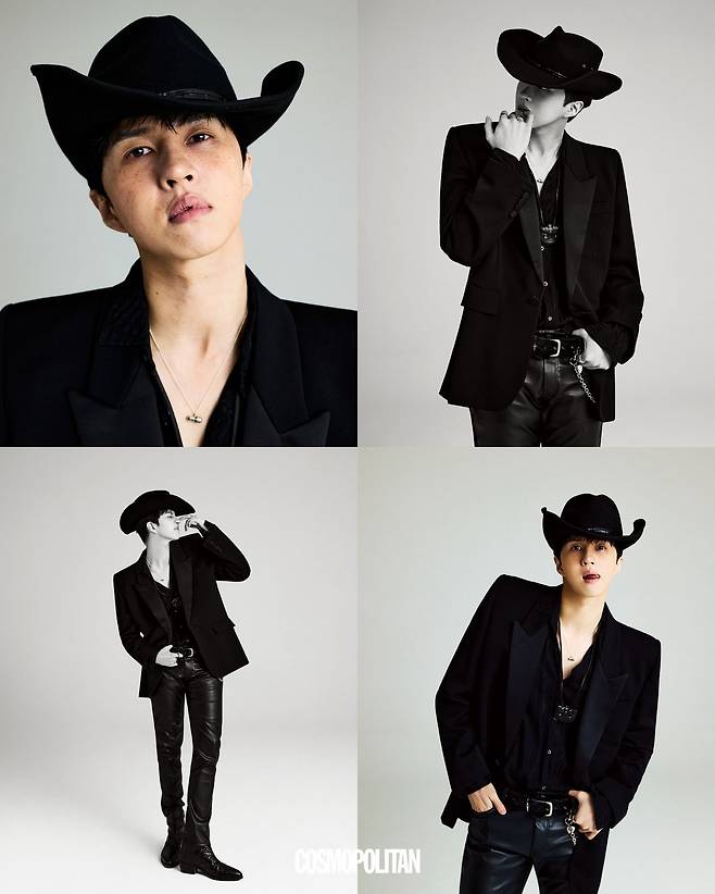 재킷, 목걸이 모두 Saint Laurent. 레더 팬츠 H&M. 카우보이 해트 Eric Javits. 슈즈 Fear of God. 셔츠, 반지, 벨트 스타일리스트 소장품.