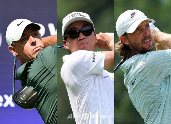 DP월드투어(옛 유러피언투어) 2025시즌 최종전 DP월드 투어챔피언십에 출전한 로리 맥길로이(북아일랜드), 교포 선수 마이클 김(미국), 토미 플리트우드(잉글랜드). 사진제공=ⓒAFPBBNews = News1 (사진을 무단으로 사용하지 마십시오.)