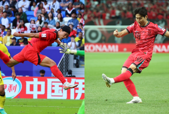 이런 그림 나올까… 이강인 왼발 크로스에에 조규성 헤더 - 이강인(오른쪽)·조규성(왼쪽). 연합뉴스