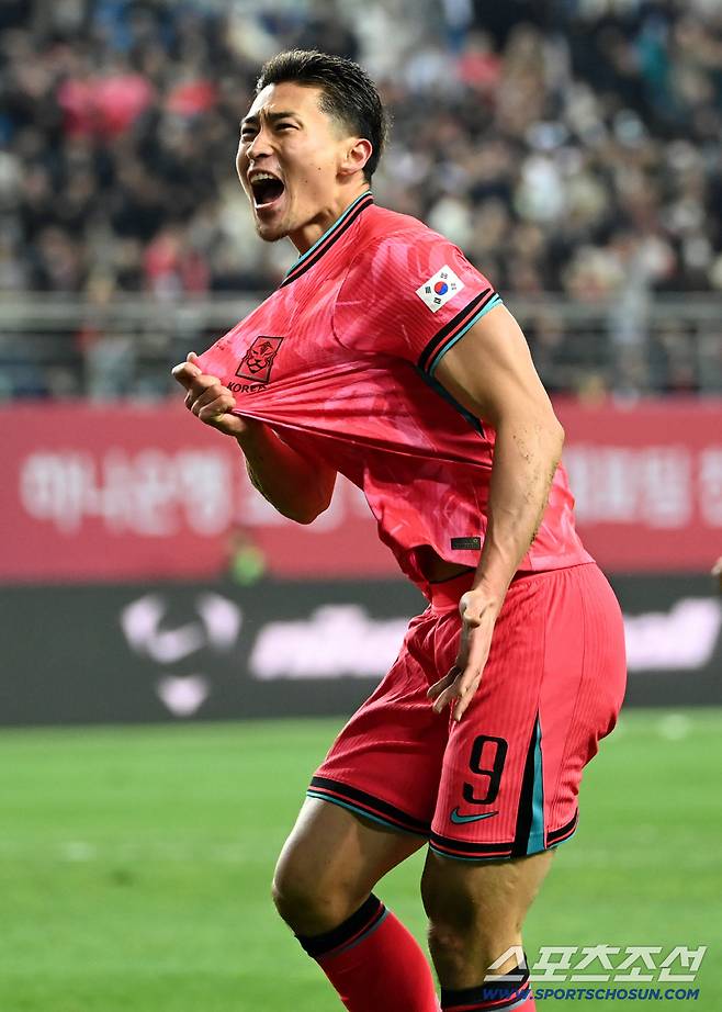 14일 대전월드컵경기장에서 열린 대한민국과 볼리비아의 A매치 평가전. 조규성이 후반 팀의 두번째 골을 터뜨리고 기뻐하고 있다. 대전=허상욱 기자wook@sportschosun.com/2025.11.14/