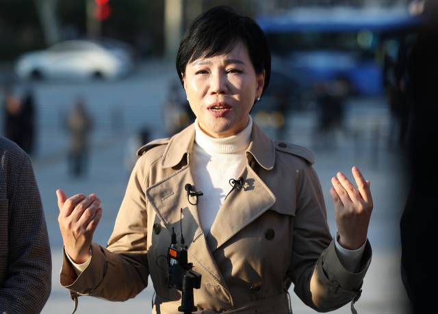 전현희 더불어민주당 최고위원이 15일 서울 종로구 세운상가 인근에서 종묘 인근 개발 계획 관련 발언을 하고 있다. 연합뉴스