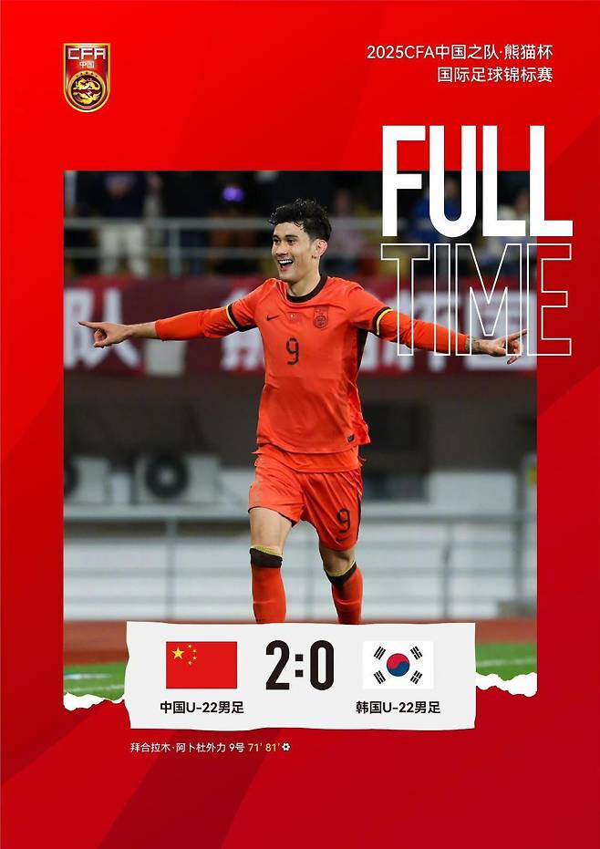 중국과 한국의 중국축구협회(CFA) 판다컵 2차전 결과. /사진=시나스포츠 갈무리