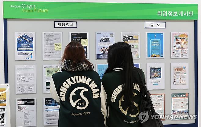 (서울=연합뉴스) 김주형 기자 = 청년층 취업자가 16만명 이상 줄고, 고용률도 18개월째 떨어진 것으로 나타난 12일 서울의 한 대학교에서 학생들이 취업 게시판을 살펴보고 있다. 2025.11.12 kjhpress@yna.co.kr