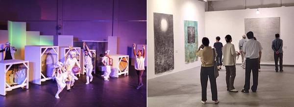 올해 부산문화재단 지원사업을 바탕으로 펼쳐진 예술집단C의 공연 모습(왼쪽 사진)과 감민경 작가의 전시 전경이다. 부산문화재단 제공