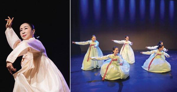 거장 한영숙(1920~1990) 선생에게서 내려온 산조춤 계열의 비연무를 보존회 회원들이 추고 있다. 김미숙 회장의 독무(왼쪽 사진)와 군무로 표현한 ‘신(新)비연무’. 비연무보존회 제공