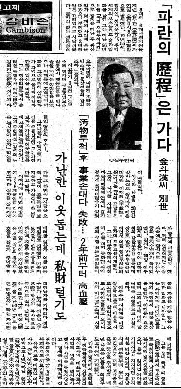 김두한 별세. 1972년 11월 22일자 7면.