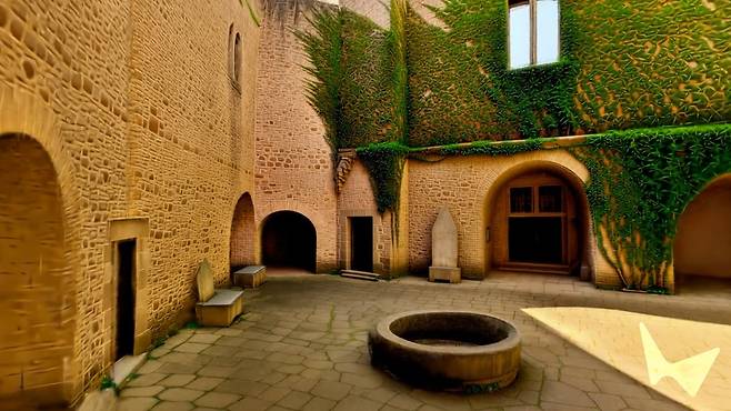 AI 스타트업 월드랩스의 월드 모델 '마블'이 만들어낸 3D 환경. '담쟁이덩굴로 덮인 벽이 있는 성 안뜰'을 만들어달라고 요청하면 이 같은 3D 세상을 만들어준다. /월드랩스