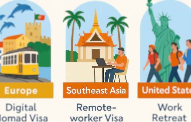 세계 주요 지역의 워크·트래블 트렌드 흐름을 정리한 일러스트. 디지털 노마드 비자부터 리트릿 워케이션까지 포괄한다.
