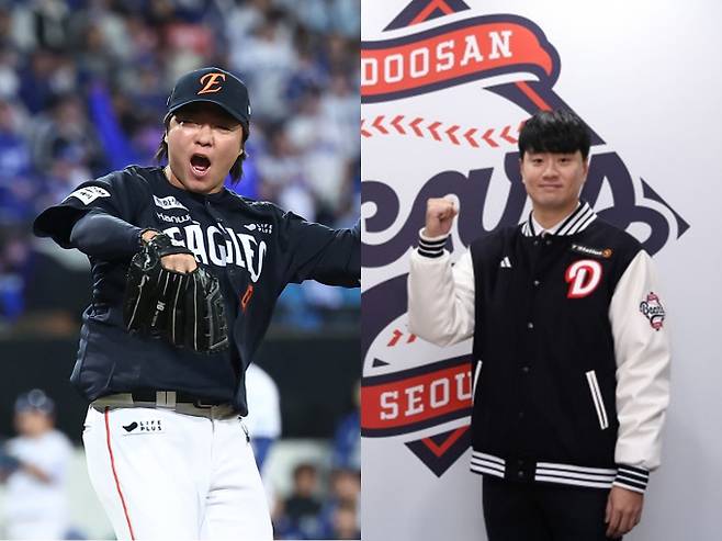 한화 이글스 김범수가 이영하만큼의 계약을 따낼 수 있을지 관심이 쏠린다. 사진은 한화에서 활약한 김범수(왼쪽)와 두산과 재계약한 이영하. /사진=뉴스1, 두산 베어스 제공