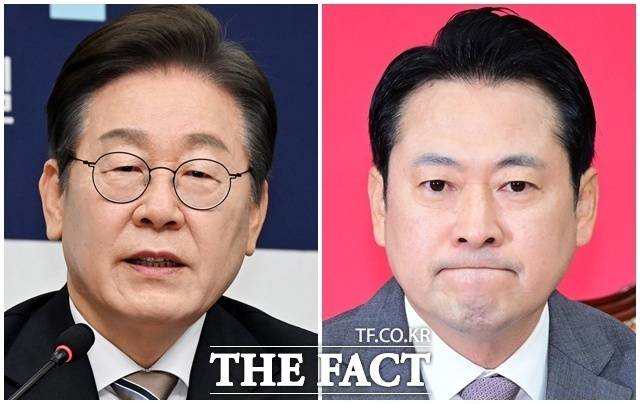 장동혁(오른쪽) 국민의힘 대표가 28일 대구 중구 동성로에서 열린 '민생회복 법치수호 국민대회'에서 "민주당의 의회 폭거와 국정 방해가 결국 계엄을 불러왔다"라고 주장했다. 사진은 이재명 대통령과 장 대표. /배정한·남윤호 기자