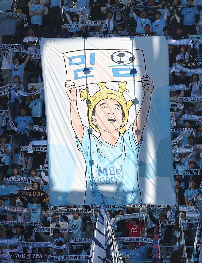 대구 팬들이 30일 대구아이엠벵크파크에서 열린 안양과 K리그1 최종전 도중 대형걸개를 들고 팀의 생존을 기원하고 있다. 대구│뉴시스