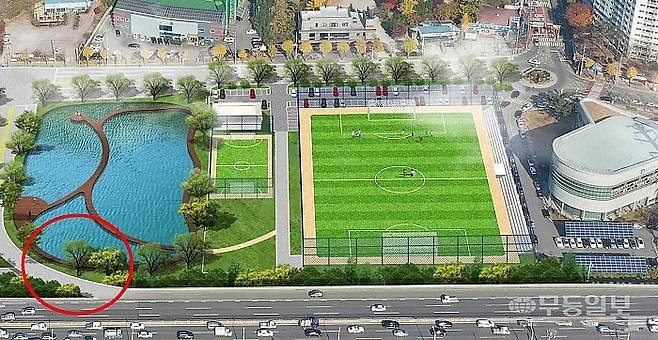 광주 남구 진월동 수변공원 조감도. 빨간색 원 안 구간이 현재 한전 송전탑 공사로 임시 통행로로 사용되고 있다.