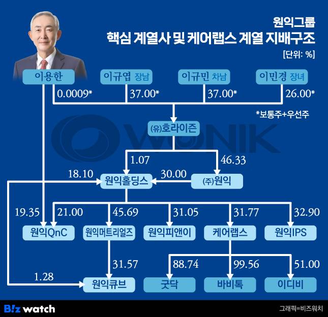 원익그룹 핵심 계열사 및 케어랩스 계열 지배구조