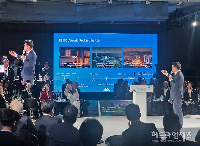 3일 열린 '수소위원회(Hydrogen Council) 최고경영자 회의'에서 제주 2035 탄소중립 비전에 대해 설명하고 있는 오영훈 제주도지사.
