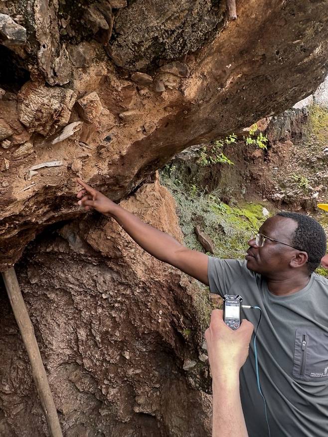 욥 키비 스테르크폰테인 동굴 연구 총책임자가 연구 현장을 보여주고 있다. 아직 발굴되지 않은 뼈 화석이 드러나 있다./한국과학기자협회 공동취재단
