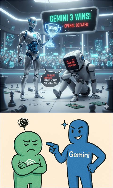 '제미나이3가 오픈AI를 이겨서 오픈AI가 삐친 그림을 그려줘'라는 텍스트를 입력했을 때 생성된 이미지. 위부터 제미나이, 챗GPT. /사진=김소연기자. AI로 생성.