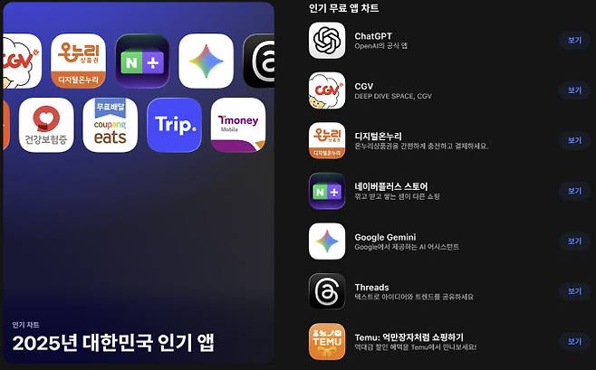 2025 대한민국 인기앱(사진=애플 앱스토어 갈무리)