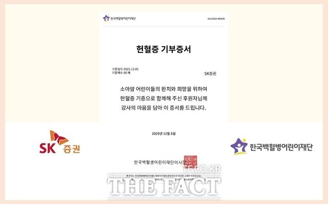 SK증권은 임직원들이 자발적으로 모은 헌혈증을 한국백혈병어린이재단에 기부했다고 밝혔다. /SK증권