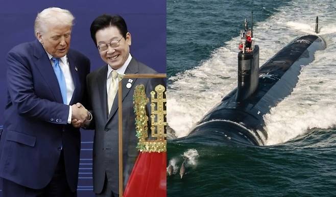 지난 10월 29일 이재명 대통령이 경북 경주박물관에서 도널드 트럼프 미국 대통령에게 ‘천마총 금관 모형’을 선물한 뒤 악수하고 있다. 연합뉴스