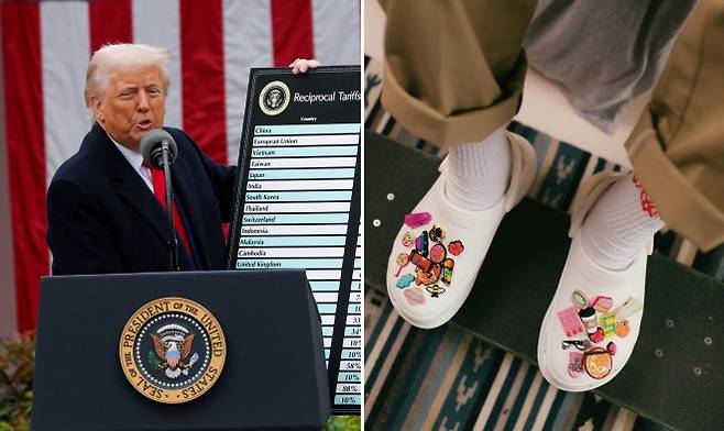 도널드 트럼프 미국 대통령이 2025년 4월 2일(현지시간) 워싱턴 백악관 로즈가든에서 관세 관련 발언을 하며 관세 패널을 들어 보이고 있다(왼쪽). 크록스 클로그에 장식 액세서리 ‘지비츠’를 부착한 모습(오른쪽). 로이터 연합뉴스·크록스 인스타그램 캡처, 편집 이미지