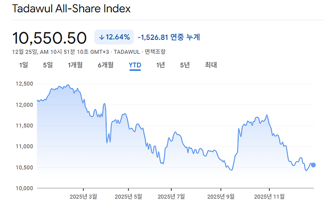 2025년 사우디아라비아 타다울 종합지수의 추이. 구글 금융