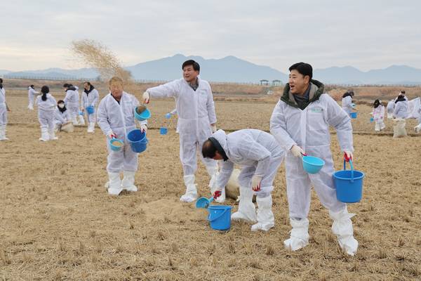 무학과 한국조류보호협회 창원지부 관계자들이 창원 주남저수지에서 철새 먹이주기 활동을 하고 있다. /한국조류보호협회 창원지부