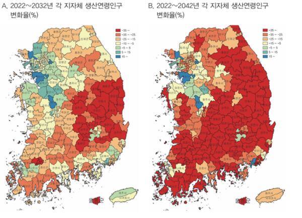 2022년~2032년, 2022년~2042년의 각 지자체 생산연령인구 변화율(%). 도내 31개 시·군 중 생산연령인구가 15% 이상 늘어나는 곳은 화성·김포·하남 등 세 곳이며, 수도권 밖에서는 세종시와 부산 강서구만 증가세를 보인다. 한국은행 ‘Bok 경제연구: 인구변화가 지역별 노동시장에 미치는 영향 분석’ 갈무리