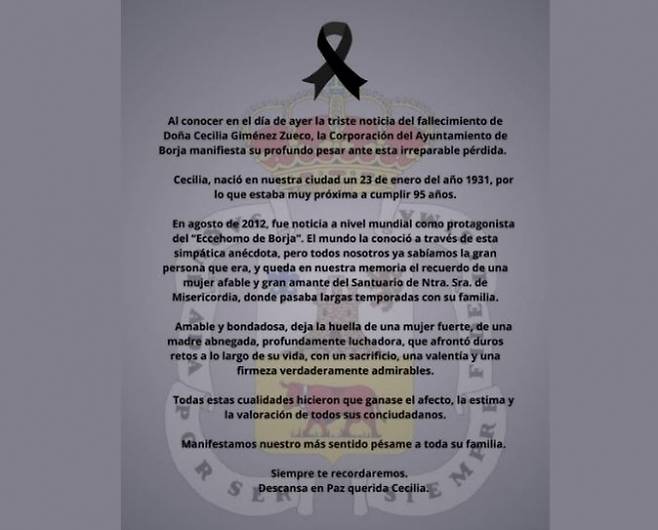 보르하시가 페이스북에 올린 세실리아 히메네스 추모 글. 보르하시는 “세실리아 여사의 슬픈 비보를 접하며, 보르하 시의회는 이 돌이킬 수 없는 상실에 깊은 애도를 표한다”면서 “세상은 유쾌한 해프닝을 통해 그녀를 알게 되었지만, 우리 모두는 그녀가 얼마나 훌륭한 사람이었는지 이미 잘 알고 있었다”고 전했다. 보르하시 페이스북 캡처
