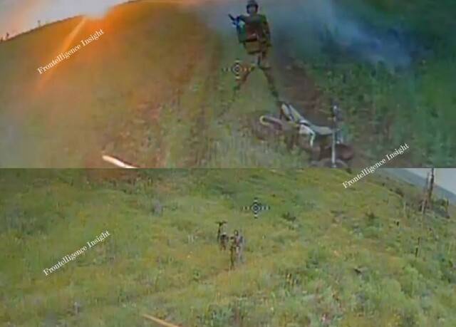 우크라이나 전장에서 오토바이를 타고 홀로 진격하다 우크라이나군 드론의 표적이 된 러시아군 병사. 우크라이나 군사 분석 그룹 ‘프론텔리전스 인사이트’