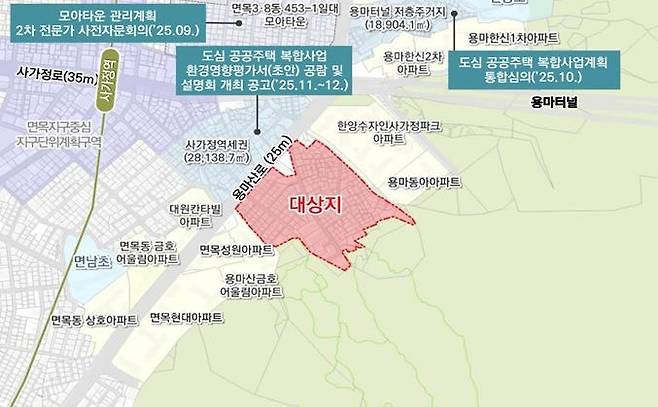 지도에는 ‘대상지’, ‘모아타운 관리계획’ 등 텍스트가 포함되어 있다.