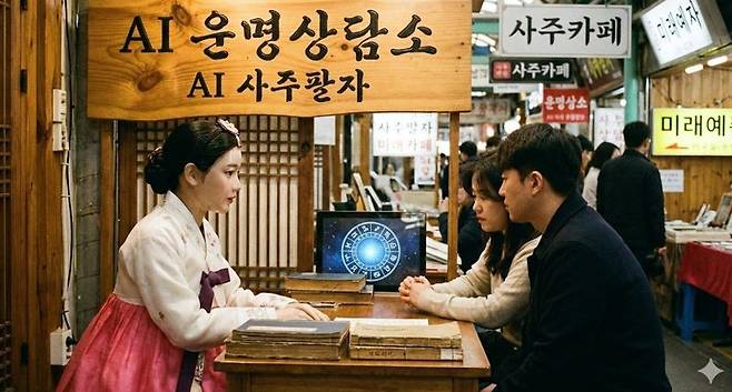 기사 이해를 돕기 위해 AI로 생성한 이미지. 한복을 차려입은 휴머노이드 AI 상담사가 젊은 남녀의 사주팔자를 풀이하고 있다. AI는 태블릿 화면에 띄워진 점성 차트를 기반으로 복잡한 운명 데이터를 분석한다.