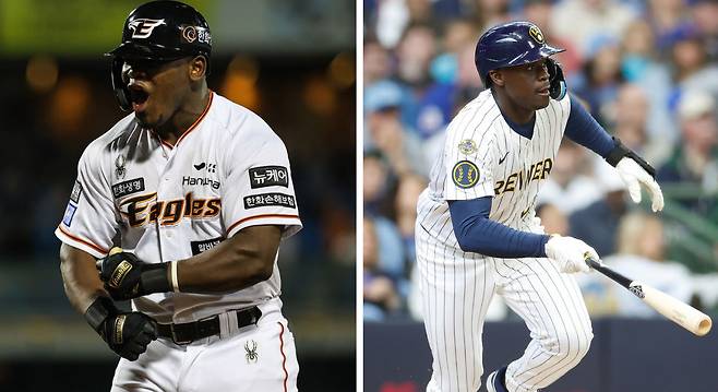 한화로 복귀한 요나단 페라자(왼쪽)와 두산 새 외국인 타자 다즈 카메론. 한화 이글스 제공·게티이미지코리아