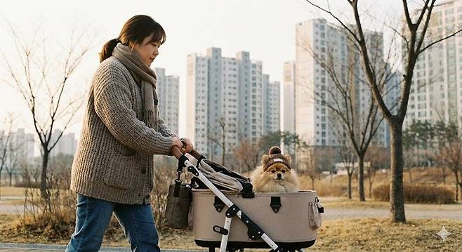 한 직장인이 반려견을 태운 개모차를 밀며 공원을 산책하고 있다. 사진=구글제미나이생성