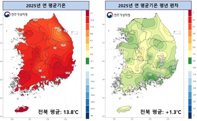 2025년 전북 연평균기온 및 평년 편차 분포도 /전주기상지청