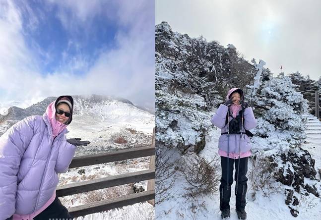 한라산 정상에 선 설현(왼쪽)). 겨울 산행을 위해 기능성 등산복을 여러 겹 겹쳐 입고, 등산화, 장갑, 스틱 등을 철저히 준비했다. 사진=설현 SNS