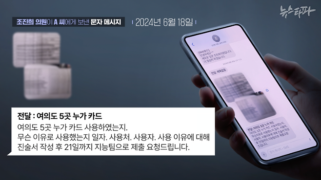 2024년 6월 18일, 김병기 의원의 배우자 이 모 씨가 연루된 '업무추진비 유용'에 대한 경찰 내사가 진행되자, 공범으로 지목된 조진희 전 동작구의회 부의장은 당시 김병기 의원실 보좌 직원이던 A씨에게 문자 메시지를 보냈다. 조 전 부의장은 경찰에서 받은 질문 내용을 그대로 A씨에게 전달했다.