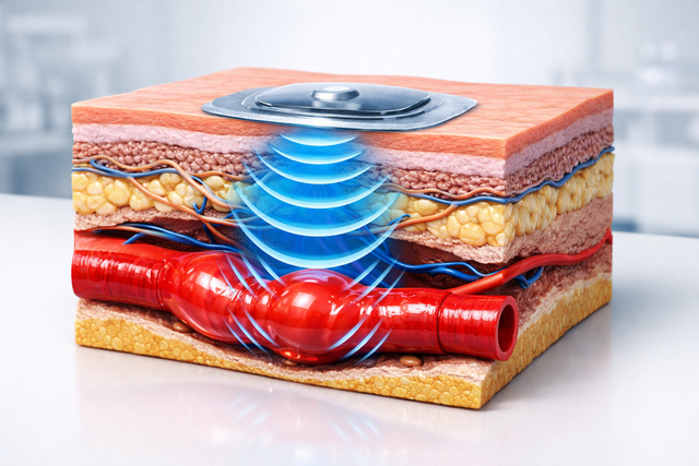 한국기계연구원(KIMM) 허신 책임연구원 팀이 한국과학기술연구원(KIST) 이병철 박사 팀과 공동으로 세계 최초의 ‘피부 부착형 초음파 혈압 센서’를 개발했다고 8일 밝혔다. 사진은 기사의 내용을 바탕으로 생성. Chat GPT