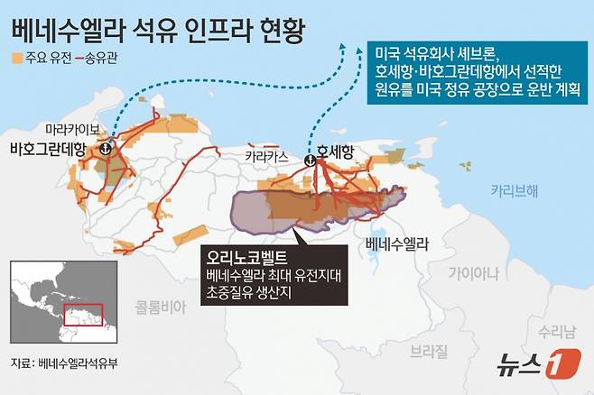 (서울=뉴스1) 김초희 디자이너 = 도널드 트럼프 미국 대통령이 6일(현지시간) 베네수엘라가 석유를 미국에 인도할 것이라고 밝혔다. 트럼프 대통령은 이날 소셜미디어 트루스소셜을 통해 "베네수엘라 임시정부가 3000만~5000만 배럴의 고품질 제재 대상 석유를 미국에 인도할 것임을 발표하게 되어 기쁘다"고 말했다. Copyright (C) 뉴스1