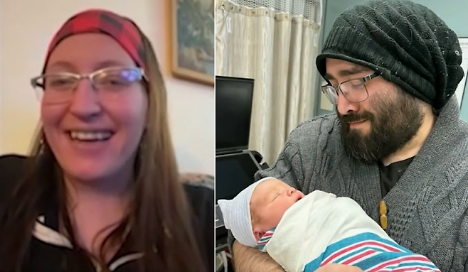 미국 시카고 인근 자이온에 거주하는 20대 여성 멜라니 스미스(왼쪽)이 지난달 25일(현지시간) 복통을 느껴 병원을 찾았다가 임신 9개월 진단을 받고 당일 출산했다는 소식이 전해졌다. 오른쪽 사진은 멜라니의 남편이 갓 태어난 아들 빈센트를 안고 있는 모습. NBC시카고 보도화면 캡처