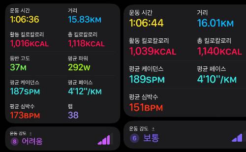 비닐 트랙에서 뛴 15.83km 기록(왼쪽)과 러닝머신에서 뛴 16km 기록(오른쪽) 비교. 이우섭 기자