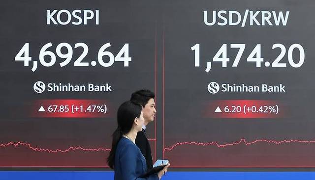 13일 서울 신한은행 본점에 코스피 지수와 환율이 표시되고 있다. 연합뉴스