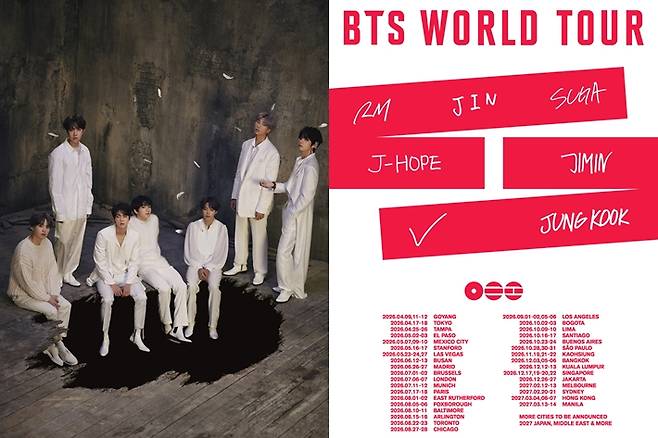 방탄소년단의 월드 투어 일정이 14일 0시 공개됐다. 빅히트 뮤직 제공