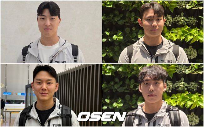 LG 오지환, 임찬규와 함께 선발대로 미국 스프링캠프로 떠난 후배들은 두 선수에게 감사 인사를 전했다. 이정용-김영우-추세현-이주헌.(왼쪽 위부터 시계 방향으로) /OSEN DB